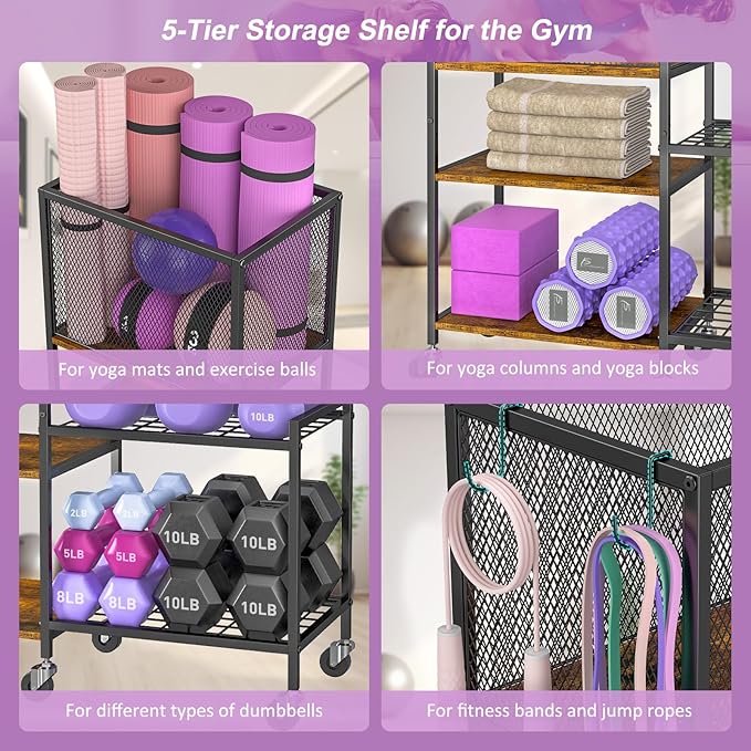 Dumbbell Rack, Yoga Mat Storage Holder, Home Gym Storage Rack, Workout Equipment Storage Organizer, Weight Storage Holder Rack with Hooks and Wheels