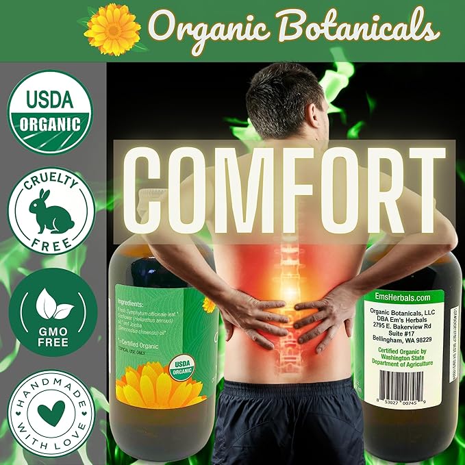 Pure Organic Comfrey Leaf Infused Oil - Skin Care for Joints, Back, Muscles, Fractures, Bruises, and Minor Wounds, Natural Herbal Body Massage Oil, Certified Organic (8 oz)