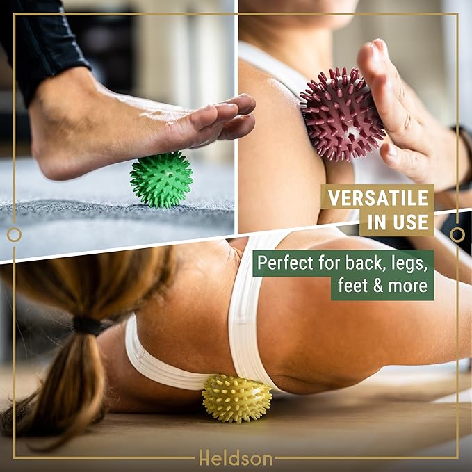 HELDSON® 3 Spiky Massage Balls Set [Soft, Medium, Firm] - Foot Roller Massager Spikes - Spike Trigger Point Ball for Back Pain Relief & Feet - Plantar Fasciitis Deep Tissue Therapy - Spikey Pressure