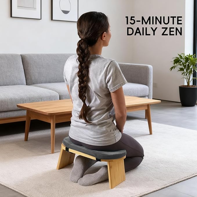 Natural Beech Wood Yoga Bench, Ergonomic Design for Kneeling, Meditation, Pilates, FSC Certified (Gray)