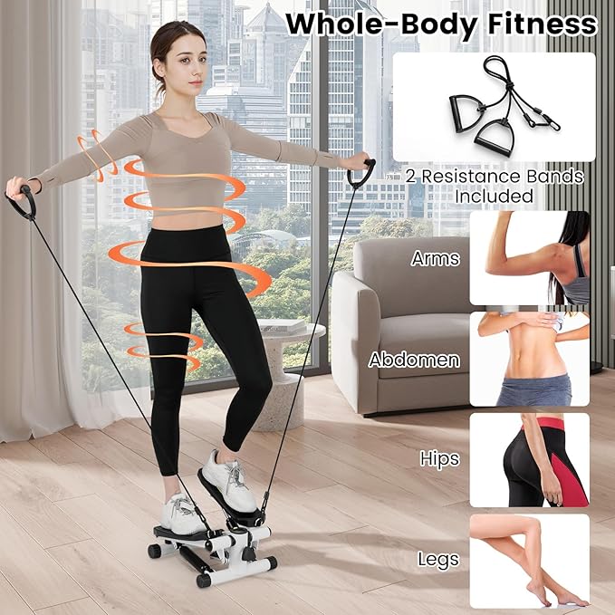 Mini Stair Steppers for Exercise at Home, Hydraulic Step Climber Machine with Resistance Bands & LCD Monitor, Portable Under Desk Stepper for Full Body Cardio Workout