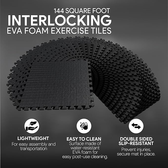 BalanceFrom 2-Pack 36-Count 24x24x0.5 Inch EVA Interlocking Foam Exercise Tile Mat, Black – Non-Slip Puzzle Flooring for Home Gym, Fitness Studio, or Playroom