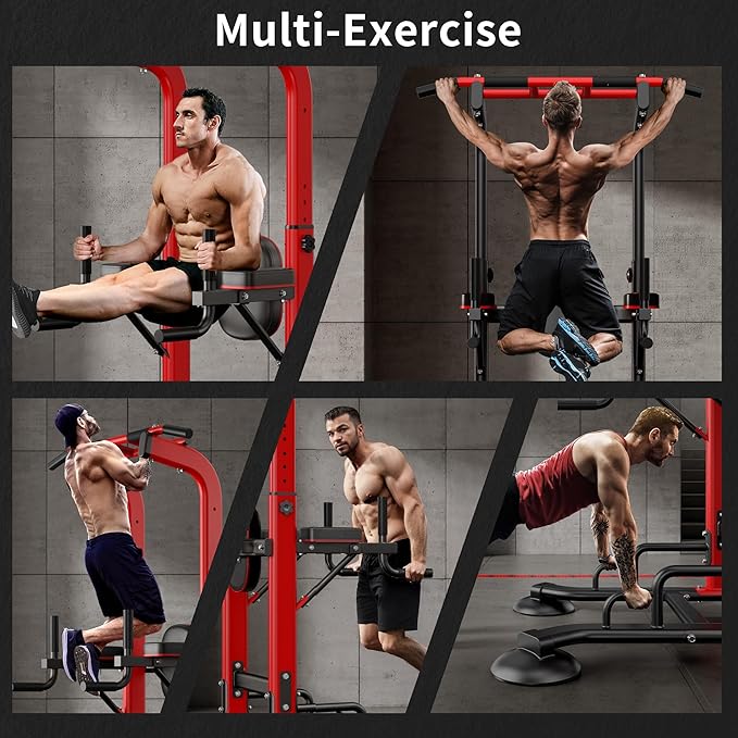 SogesHome Pull Up Bar and Dip Station, Heavy Duty 330LB Capacity Adjustable Home Gym Equipment for Strength Training, Multifunctional Push Up Bars for Arms, Back, Chest, Shoulders & Core Workout, Red