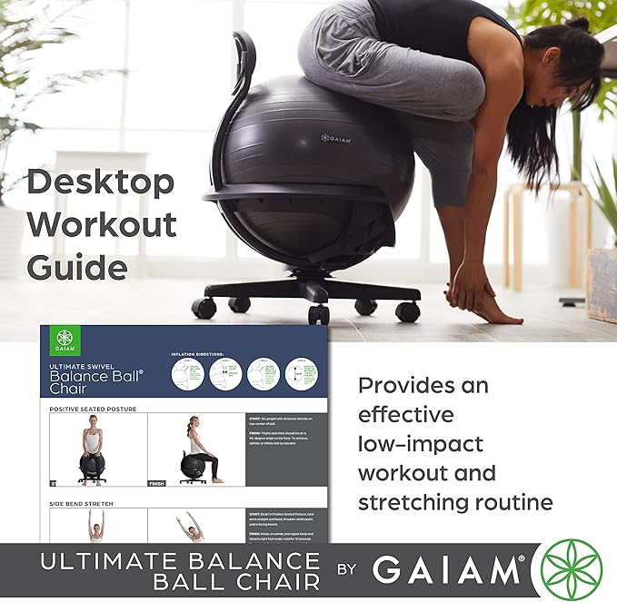 Gaiam Ultimate Balance Ball Chair with Swivel Base - Premium Exercise Stability Yoga Ball Ergonomic Chair for Home and Office Desk - Air Pump, Exercise Guide