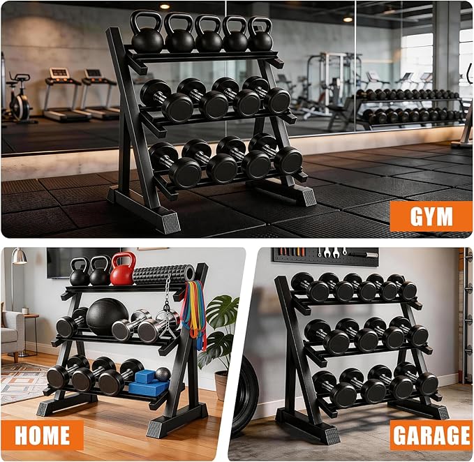 Dumbbell Rack 3-Tier Adjustable Dumbbell Rack Suitable for Dumbbells, Kettlebells, and Other Compact Weights Space-Saving Dumbbell Storage Rack - 1000LBS Capacity