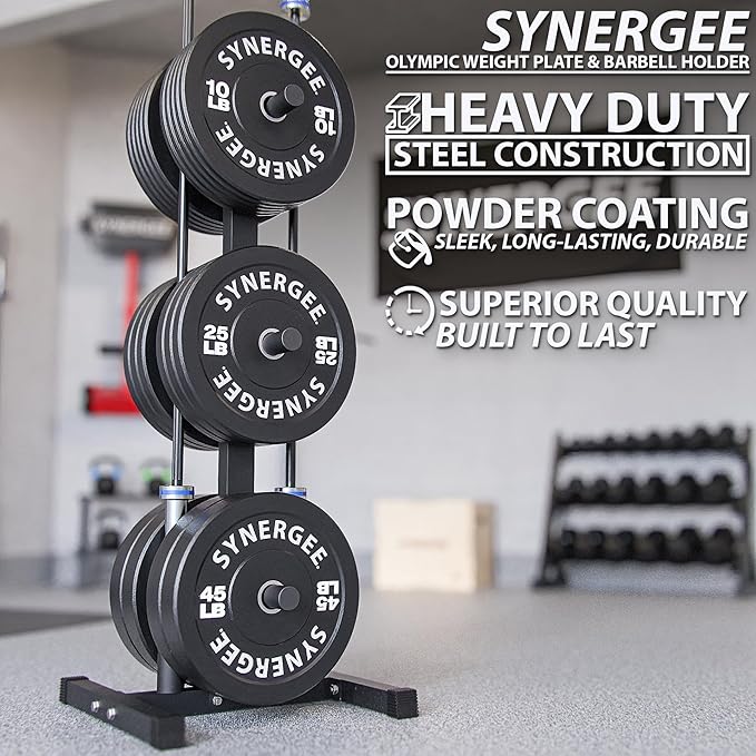 Synergee Olympic Weight Plate Tree Rack & Barbell Holder – Vertical Weight Rack for Gym Storage Home, Garage & Commercial
