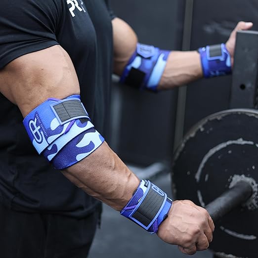 Elbow Wraps for Weightlifting - Heavy Duty Construction, 25% More Elasticity, Reinforced Stitching, Extra Wide Fastener, Easy to Adjust, (Blue Camo)