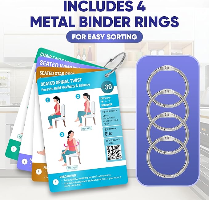 [100+ BIG CARDS] Chair Yoga for Seniors Over 60 - Chair Yoga Cards with Step-by-step Guides Full HD Videos, 28 Days Challenge for 3 Levels, Bonus 4 Rings & Wooden Base, Chair Exercises for Senior