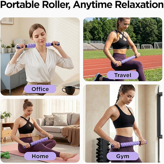 Muscle Roller & Massage Roller Stick for Athletes - Lymphatic Drainage Support, Relieves Muscle Soreness, Cramping & Tightness - Targets Legs, Arms, Back & Calves （Purple - 18inch）