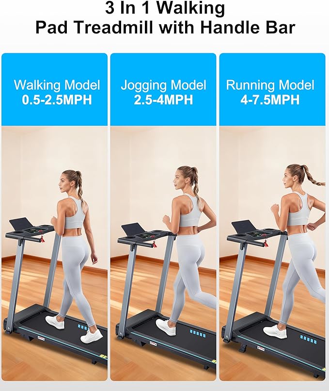 Incline Treadmill with Handles, Portable Small Folding Treadmill for Home Office, Walking Pad with 300 LBS Capacity, 24 Preset Programs, LED Display, Extendable Cup Holder