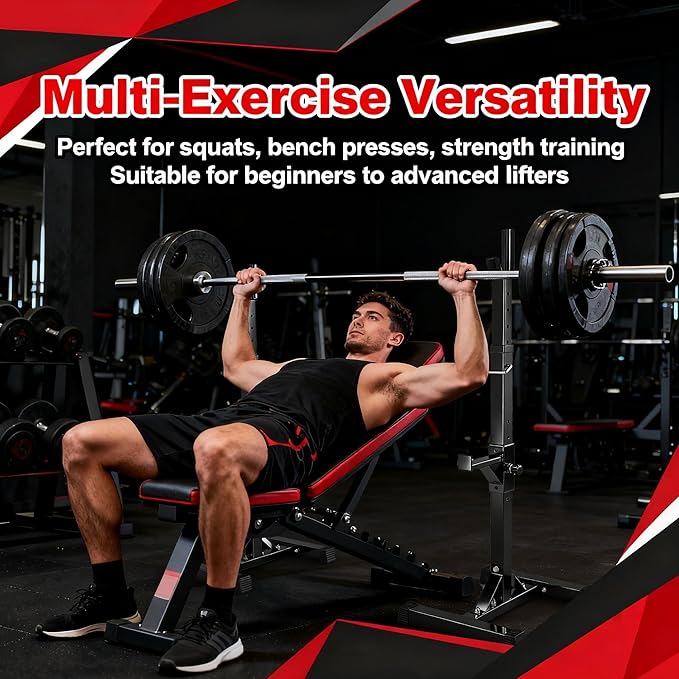 JupiterForce Adjustable Squat Rack Stands Pair of Sturdy Steel Bench Press Rack, Barbell Rack, 40''-66'' 550lbs Max Load Portable Weight Lifting Dumbbell Racks Stands for Home Gym, Black