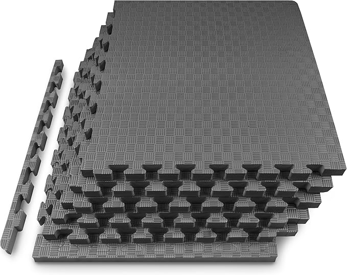 ProsourceFit Exercise Puzzle Mat 1-in, Checkered EVA Foam Floor Tiles w/Non-Slip Texture, Gym Mat w/Interlocking Foam Tiles for Adjustable Surface, Shock Absorbing, Waterproof Gym Flooring, Grey