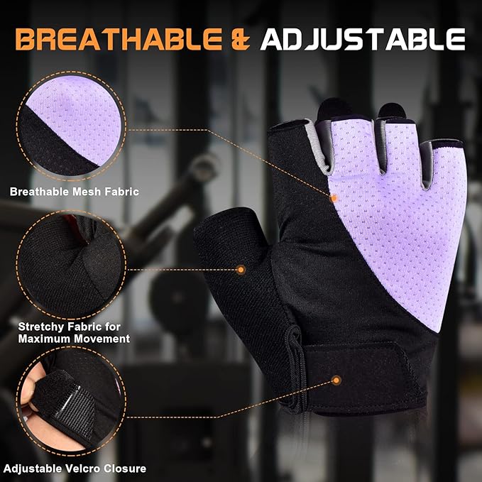 Workout Gloves for Women - Breathable Weight Lifting Gloves with Non-Slip Silicone Padding, Fingerless Gym Gloves for Cycling, Rowing, Pull Ups & Training (4 Sizes)