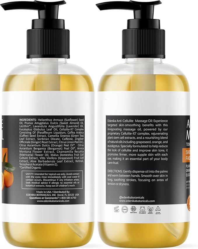 Firming Anti Cellulite Massage Oil, Grapeseed Oil, Caffeine, Plant Stem Cells & Retinol, Supports Tighter, Smoother-Looking Skin on Body, Legs, Thighs & Buttocks, 8 Fl Oz