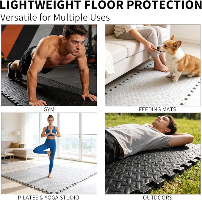 18 Pack Interlocking Gym Flooring Mats for Home Gym, 0.4 Inch Thick Non-Slip EVA Foam Puzzle Exercise Tiles with Edge Strips, Shock Absorption for Workout, Yoga, Treadmill, Garage, Basement