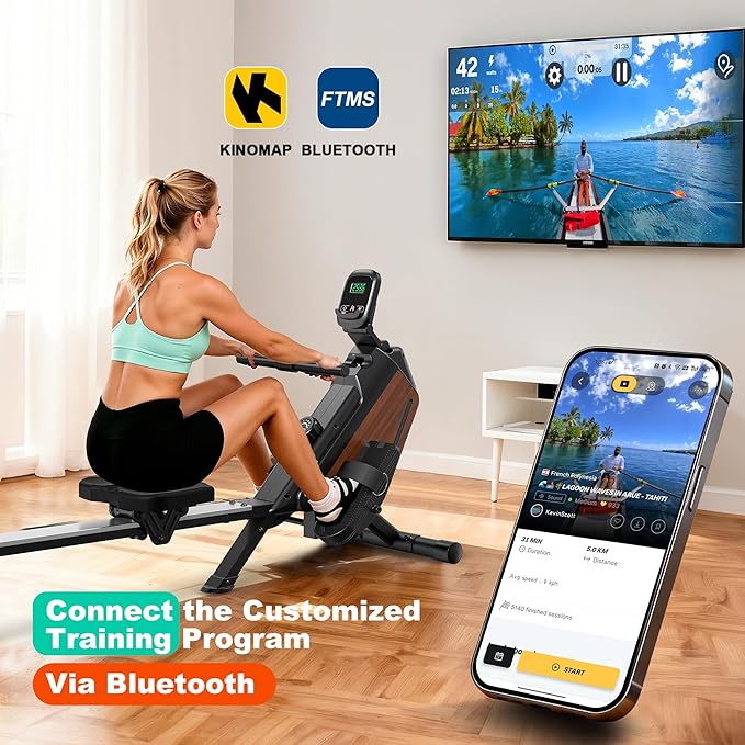 Rowing Machine Magnetic Rower with 16 Resistance Levels, Quiet Home Rowing Machine for Cardio Training, APP Connection, 160 kg Load Capacity, Vertical Storage