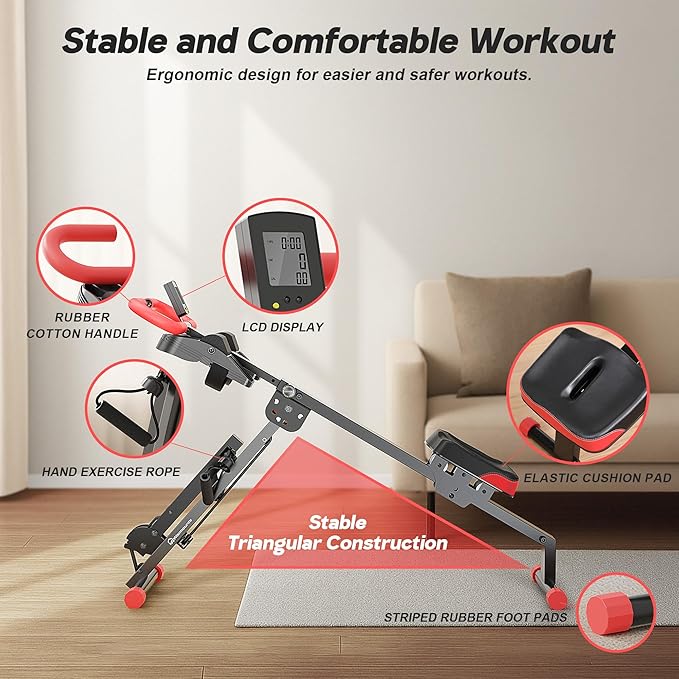 WARMOUNTS Ab Machine, 4 in 1 Foldable Rowing Machine Full Body Workout for Home Gym, Ab Workout Machine with 4 Adjustable Handle & LCD Monitor