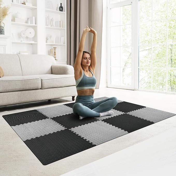 GWT Home Gym Flooring Tiles, EVA Interlocking Puzzle Exercise Mat for Workout Equipment, Floor Protection & Kids Play Area, Black Foam Tiles, 24"x24", 0.4 Inches Thick Covers 48 Sq Ft (12 Tiles) Gray