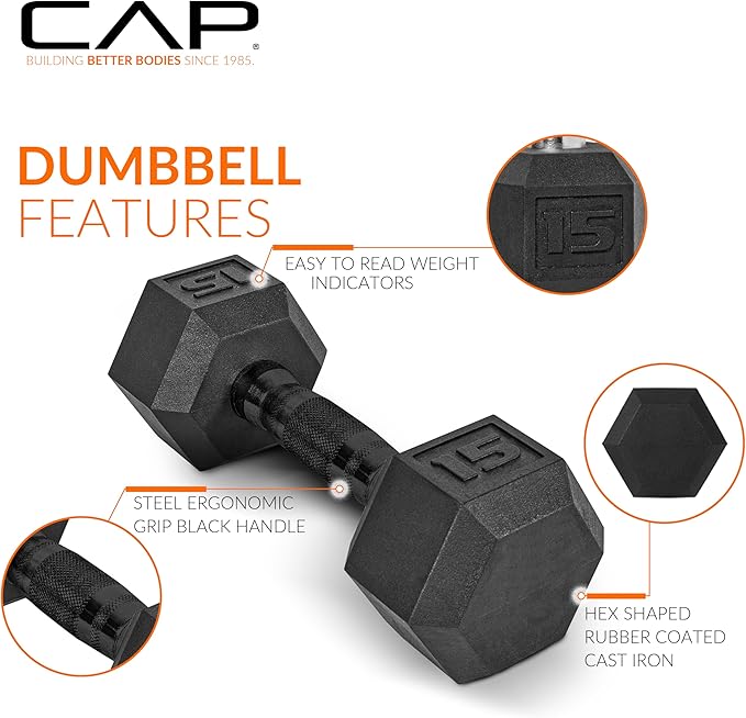 CAP Barbell Rubber Coated Dumbbell Weight Set with Vertical Rack | 100 lb, 150 lb, and 210 lb Options