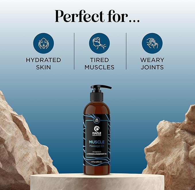 Muscle Massage Oil for Body - Relaxing Massage Oil with Lavender Lemon and Rosemary Essential Oils for Muscles and Joints - Gentle Moisturizing and Warming Formula for Pro or Home Use (8 Fl Oz)