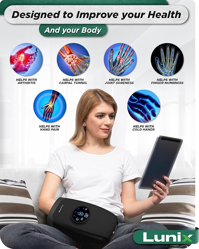Lunix LX7 FSA LCD Touchscreen Hand Massager, Heated Air Compression, for Arthritis & Carpal Tunnel Relief, Finger Numbness & Wrist Pain Relief, Cordless Rechargeable, Charcoal Black