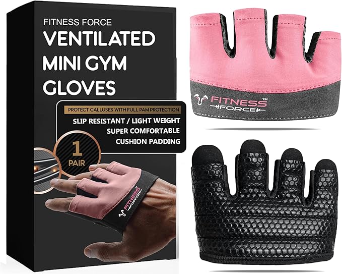 FITNESS FORCE Workout Gloves for Men & Women Partial Weight Lifting Non-Slip Gym Gloves, Lifting Grip for Calluses Guard Fingerless Exercise Gloves with Full Palm Protection