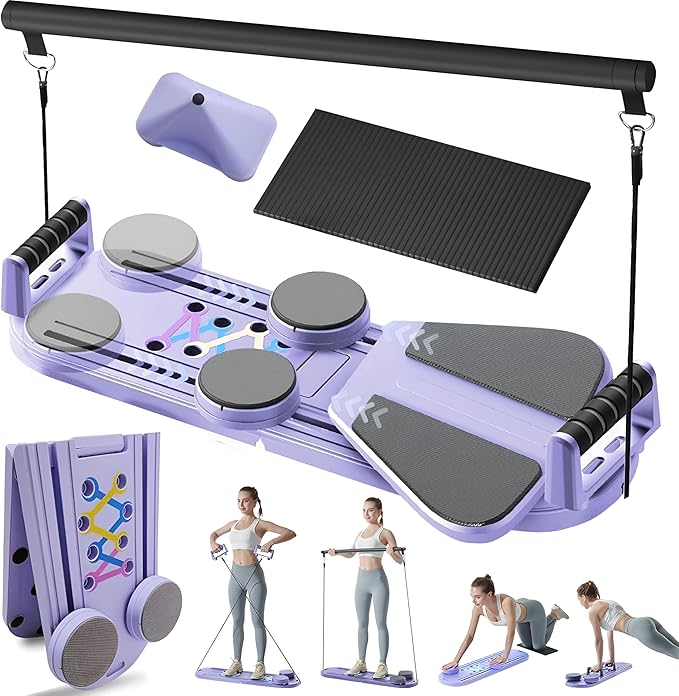 Pilates Board, 8-in-1 Foldable Pilates Reformer Machine with Timer & Resistance Bands, Portable Multifunctional Pilates Kit for Home Workout, Fitness, Exercise, Abs, Core Trainer