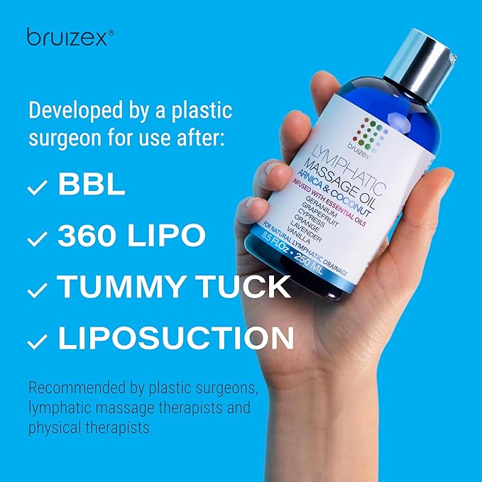Bruizex Lymphatic Drainage Massage Oil with Arnica Oil & Coconut for Post Surgery Recovery & Lymphatic Drainage Massager, Liposuction, 360 Lipo, BBL, Tummy Tuck Procedure, Moisturizing Formula, 8.5 Oz