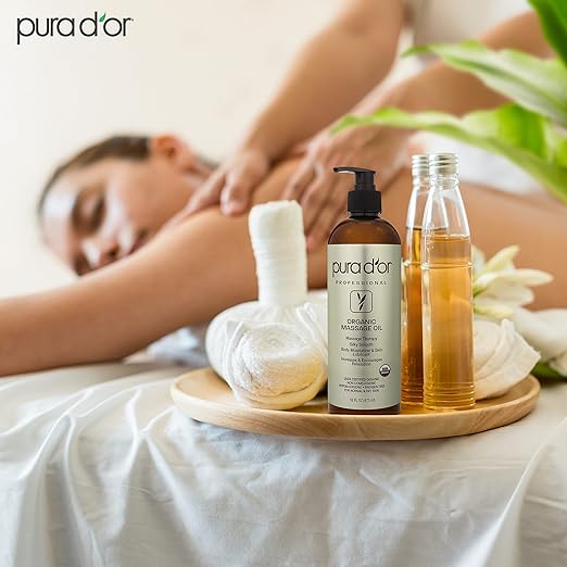 PURA D'OR 16 Oz Organic Massage Therapy Oil USDA Certified Body Moisturizer & Skin Lubricant for Aromatherapy & Relaxation, Silky & Softer Skin (Packaging May Vary)