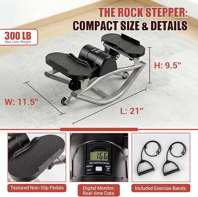 Rock Stepper for Exercise at Home, Rocking Stepper Side to Side with Resistance Bands & Digital Display, 300 LBS Capacity Full Body Workout Low-Impact Knee-Friendly Anti-Slip Side Stepper