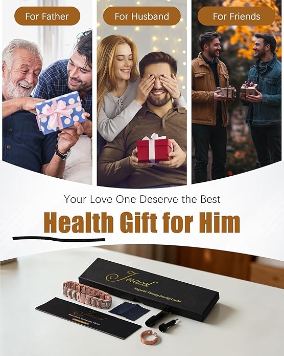 3X Strength Magnetic Copper Bracelet for Men - 99.9% Pure Copper Bracelet & Ring Set - Premium Fold-Over Clasp and Adjustable Length Sizing Tool & Jewelry Box