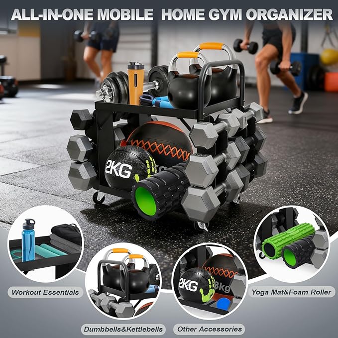 All-in-One Home Gym Storage Cart with Wheels and Handle, 2-Tier Heavy Duty Adjustable Weight Rack for Small Dumbbells, Kettlebells,Yoga Mats, Fitness Gear