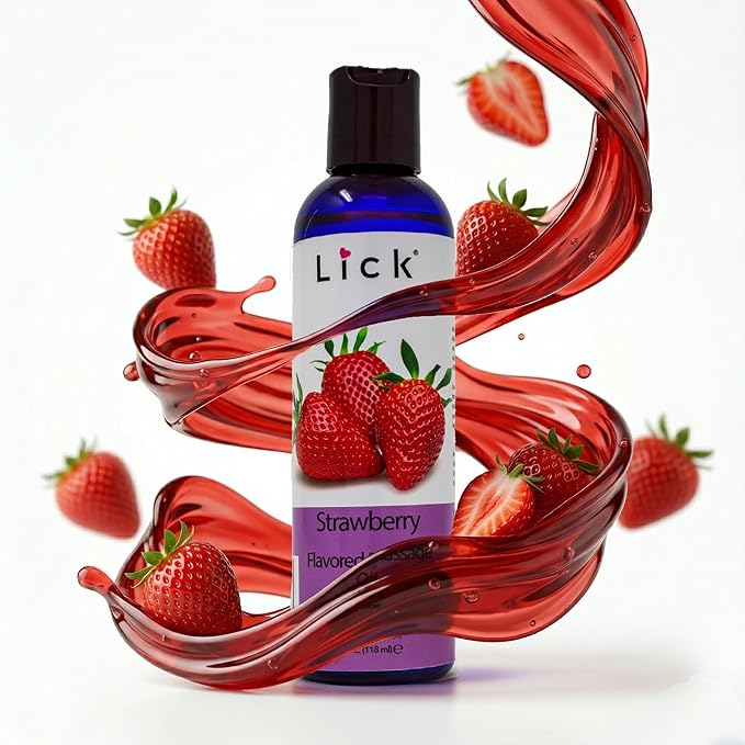 Lick Strawberry Flavored Massage Oil with Natural Vitamin E - Aromatherapy & Moisturizing Body Oil for Relaxing Muscle Massage - Essential Non-Sticky Skin Therapy for Men and Women - 4 oz