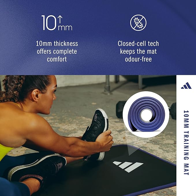 adidas 10mm Extra Thick Training Mat with Carrying Strap and Non-Slip Textured Base - Cushioned Workout Mat for Home Gym, Floor Workouts, and Intense Exercises - Portable and Durable