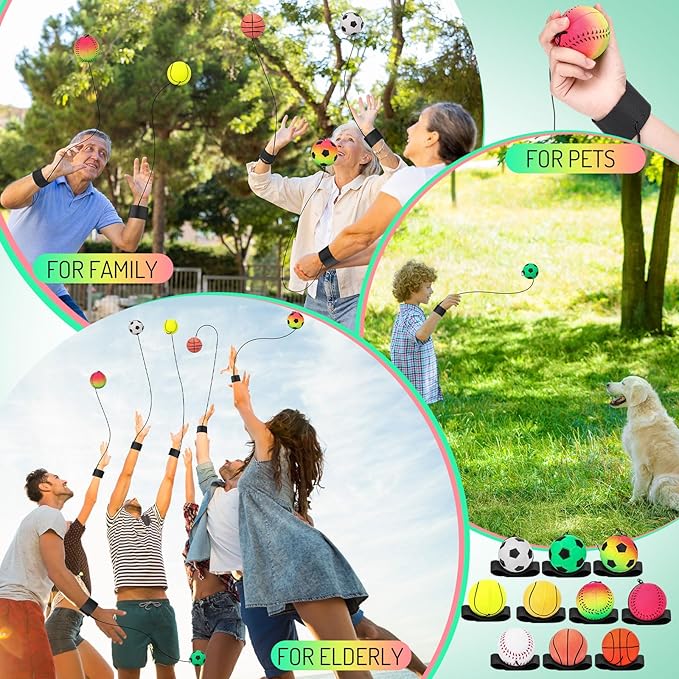 Skylety Wrist Return Ball Wrist Band Ball on a String 2.48 Inch Rubber Rebound Sport Bouncy Basketball Baseball Soccer Wristband Toy for Exercise and Children or Adult Exercise for Fun