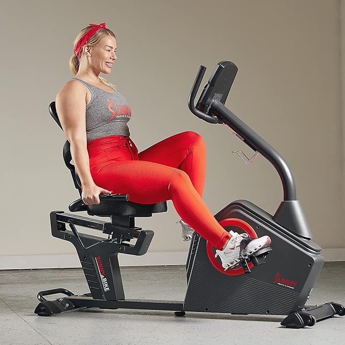 Sunny Health & Fitness Smart Recumbent Bike with Pulse Sensors, Home Cycling Workout Machine w/Cushion Seat & Mesh-Backrest, Free SunnyFit App Connection, Optional Programmable & Electro-Magnetic