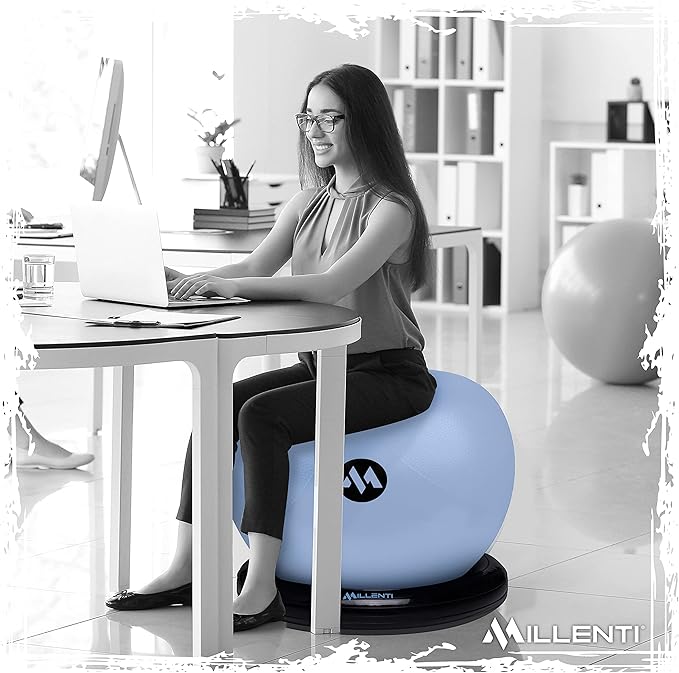 Millenti Exercise Ball Chair 65cm - Yoga Ball Chair Stability Base Ring Kit & Fitness Resistance Bands For Home, Gym Bundle, Pilates Ball, Office Chair, Birthing Ball For Pregnancy - With Workout Chart