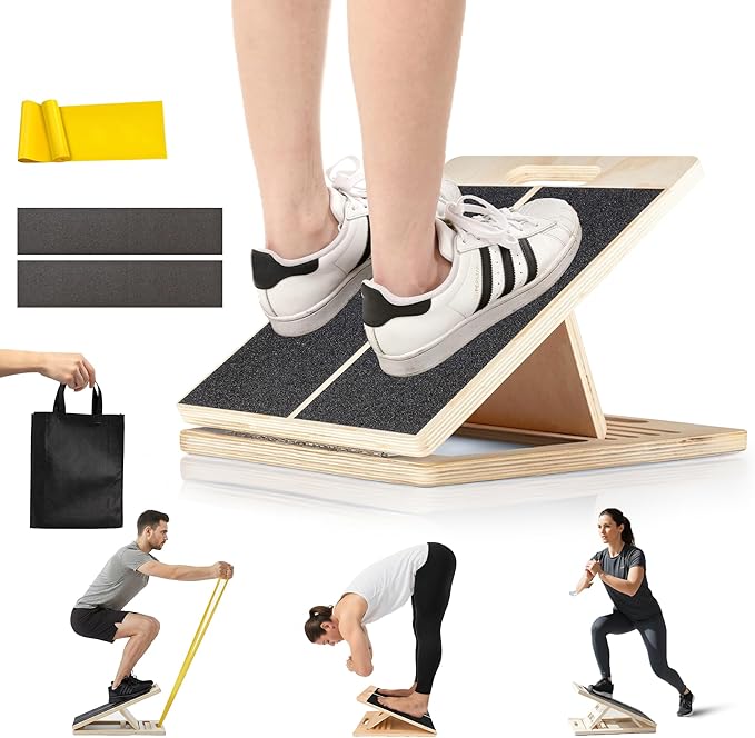 Adjustable Wooden Slant Board for Calf Stretching & Hamstring Flexibility – Professional Incline Calf Stretcher for Home Gym, Squats, Mobility & Rehab with Carry Bag, Loop Band & 2 Sand Papers