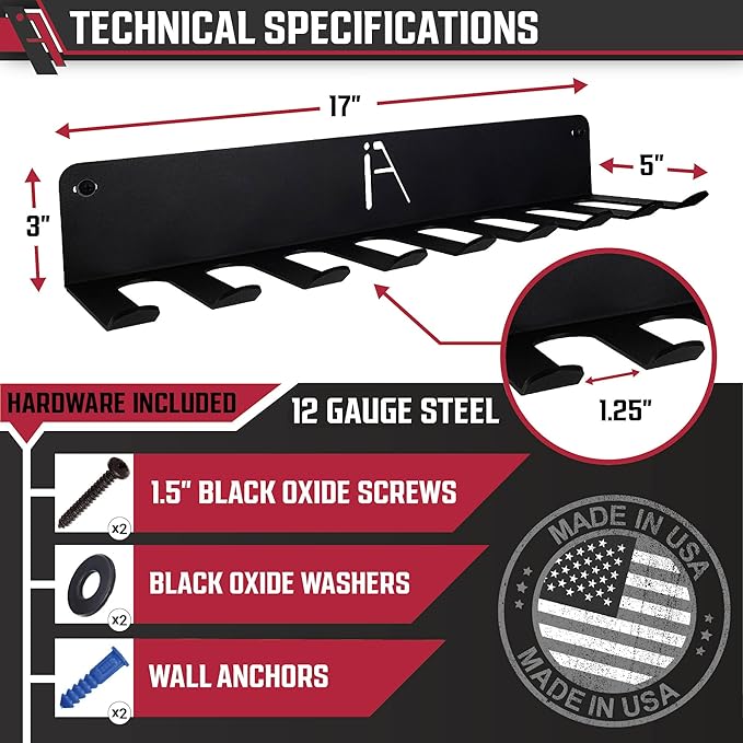IRON AMERICAN USA Omega Gym Storage Rack 9 OR 11 Hook Heavy-Duty Gym Wall Organizer Gym Caddy Hanger, Gym Accessory Storage - Resistance Bands, Jump Ropes (OMEGA GYM RACK (4-PACK)), BLACK