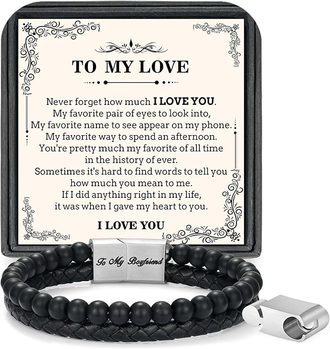 LUXEJEW Gifts for Men - Beaded Leather Bracelet 6mm Matte Agate Stone Bracelets for Men Dad Son Husband Boyfriend Grandpa Grandson Brother Uncle Nephew Adjustable Magnetic Clasp
