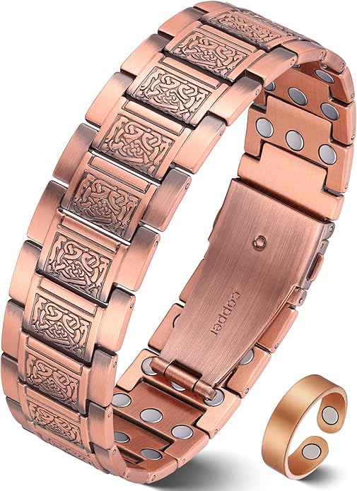 3X Strength Magnetic Copper Bracelet for Men - 99.9% Pure Copper Bracelet & Ring Set - Premium Fold-Over Clasp and Adjustable Length Sizing Tool & Jewelry Box