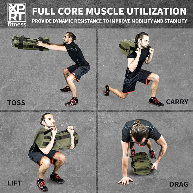 XPRT Fitness Workout Sandbag for Heavy Duty Workout Cross Training 7 Multi-positional Handles - Color Army Green/Black/Camo