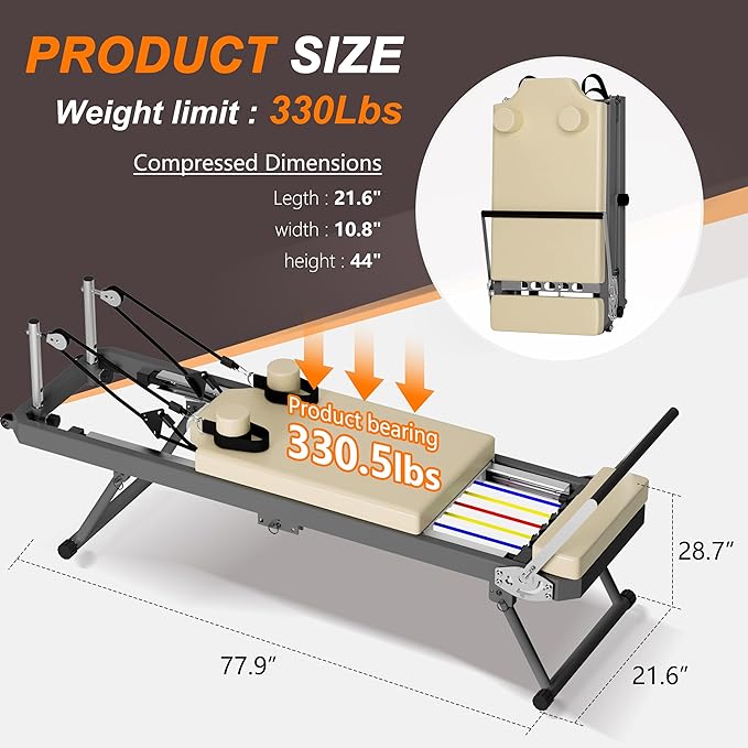 Pilates Reformer Machine for Home Gym, Foldable Pilates Machine Equipment with High Strength Alloy Springs for All Level Users, Up to 330lbs
