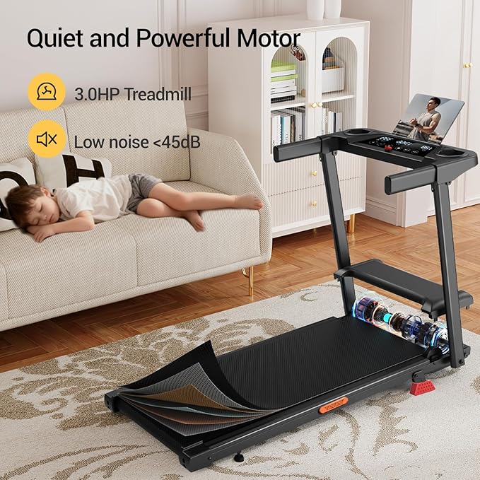 16% Incline Treadmill with Handle, 3-in-1 Portable Treadmills for Home and Office, Foldable Treadmills with 300 Lbs Weight Capacity, 3.0HP Quiet Walking Pad Treadmill, Three Screen