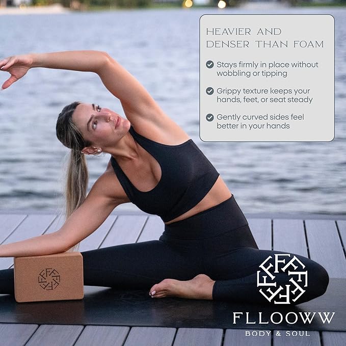 FFLLOOWW Premium Cork Yoga Block – Non-Slip, High-Density Support for Yoga, Pilates, Stretching, Home Workouts & Balance Training