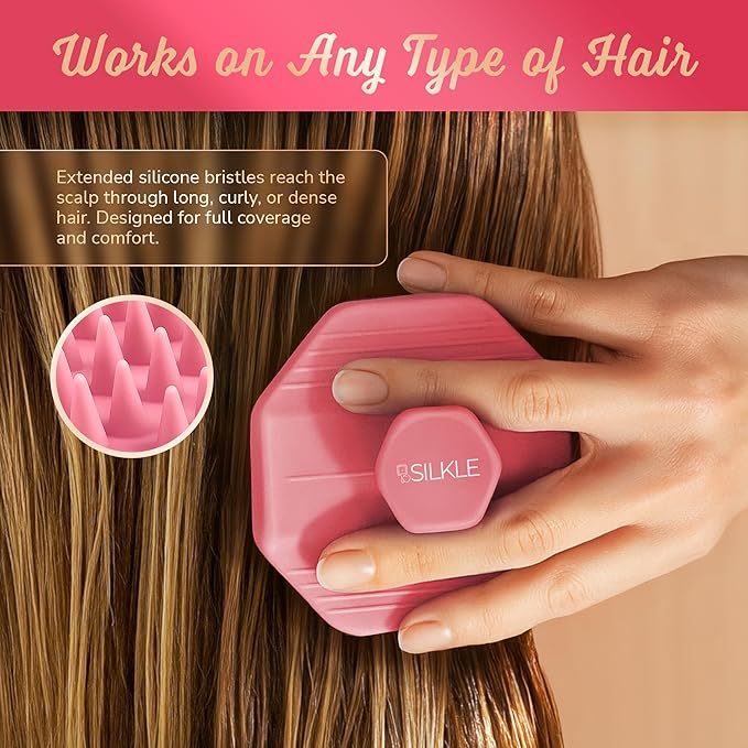 Scalp Massager Shampoo Brush – Silicone Scalp Scrubber for Hair Growth & Dandruff Removal, One-Piece, Non-Slip Handle, Soft Bristles, Wet/Dry Shower Scalp Exfoliator for All Hair Types – Pink