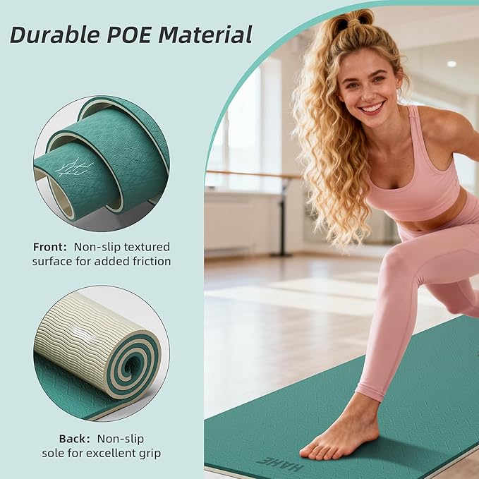 HAHE Yoga Mat Thick, 72"x32"x0.4"Th (10mm), Wide Non-Slip Exercise Mat with Carry Strap, Double-Sided POE Fitness Mat for Yoga, Pilates & Floor Workouts