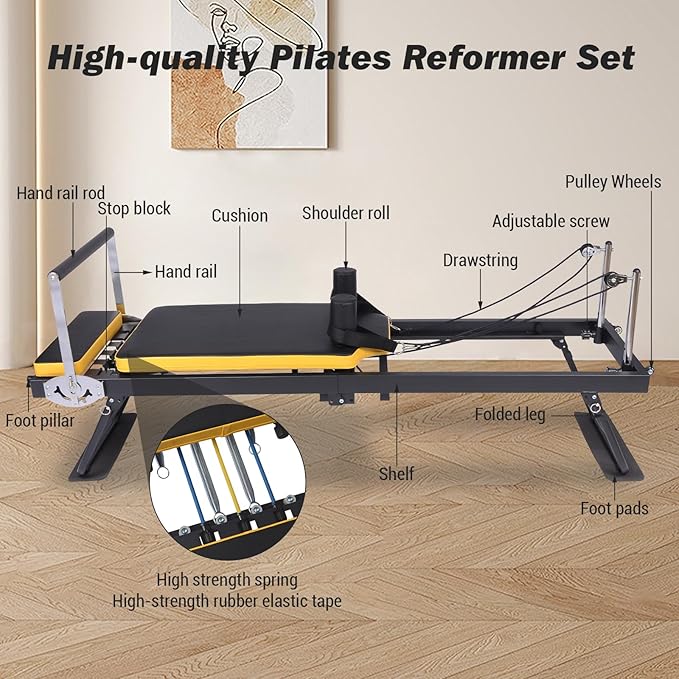 Foldable Pilates Reformer for Home Use - Pink Reformer Pilates Machine with Springs,Pilates Pro Reformers Bed for Studio Apartment & Gym - Ideal for Beginners & Advanced Users