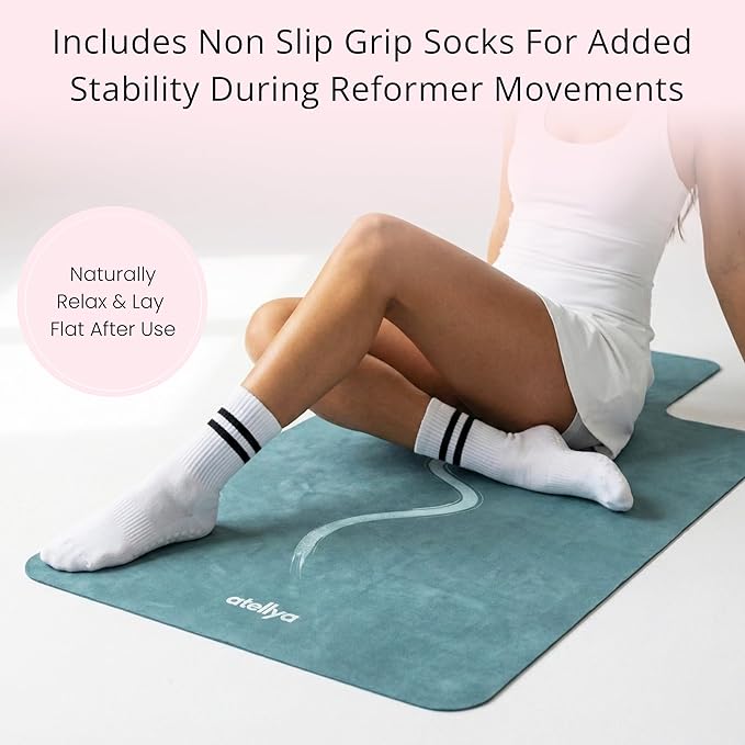 Pilates Reformer Mat Non Slip – Washable Reformer Mat Cover with Grip Socks & Mesh Bag, Sweat Absorbing Pilates Reformer Towel for Studio & Home Use