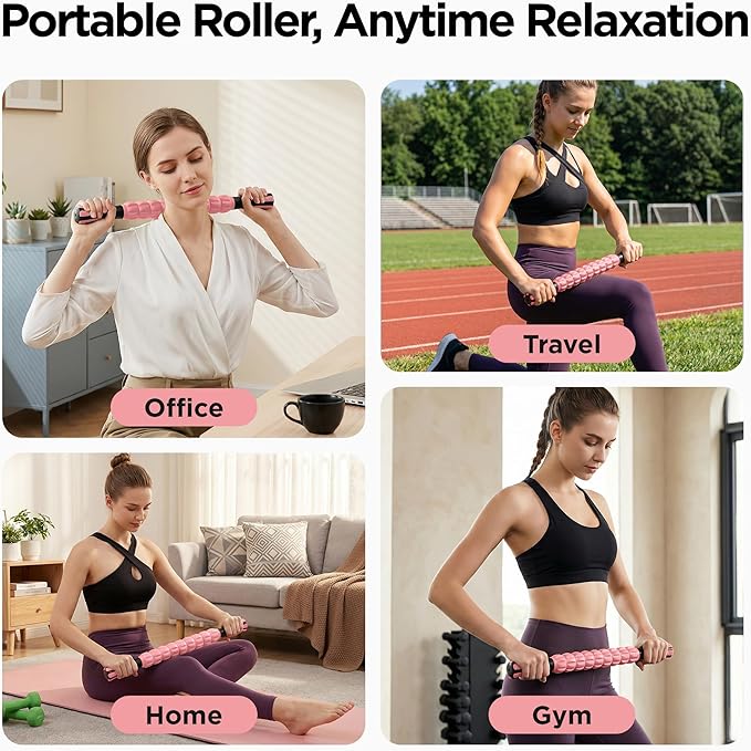 Muscle Roller & Massage Roller Stick for Athletes - Lymphatic Drainage Support, Relieves Muscle Soreness, Cramping & Tightness - Targets Legs, Arms, Back & Calves （Pink - 18inch）